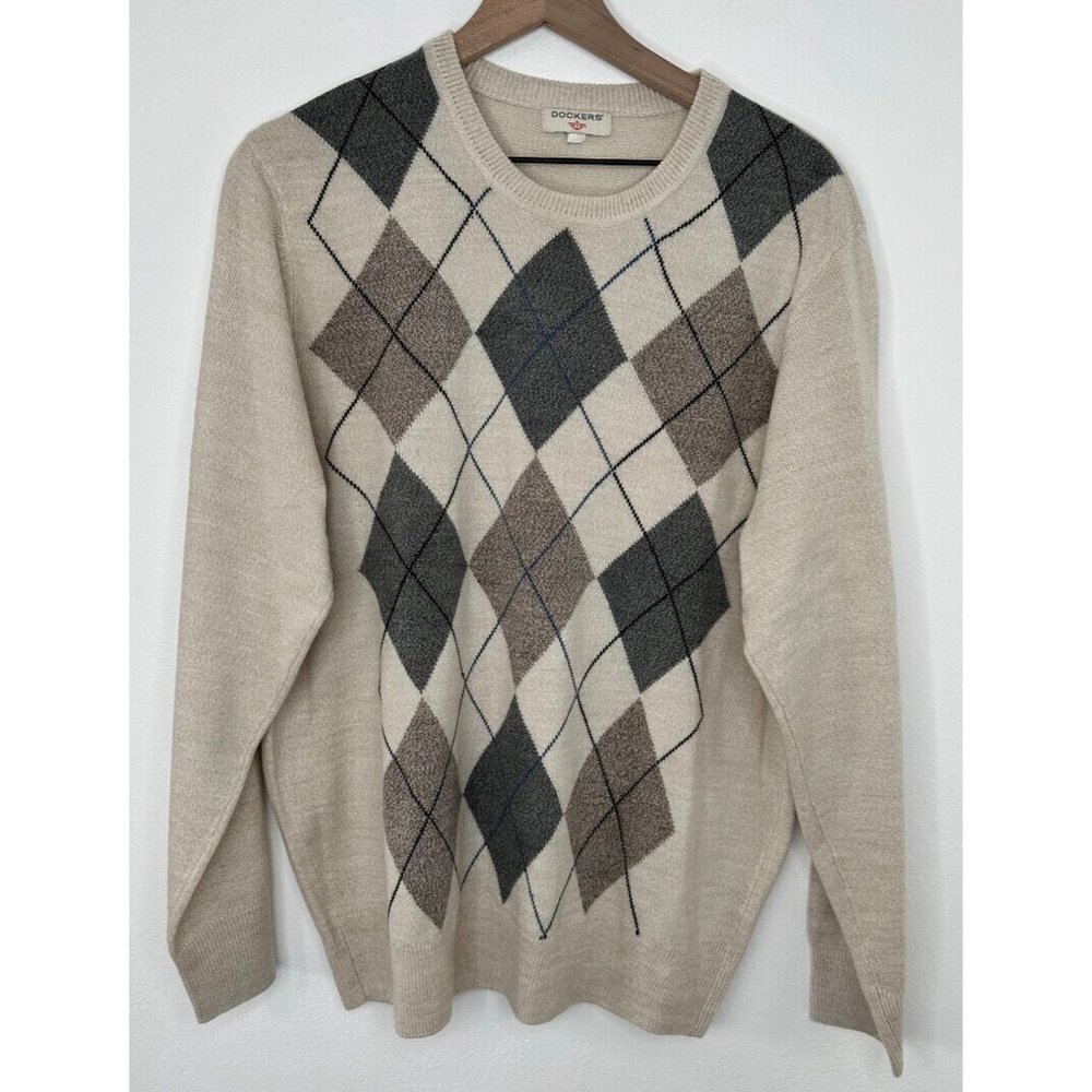 Dockers Sweater Men Tan Brown Long Sleeve Argyle Pattern Large?